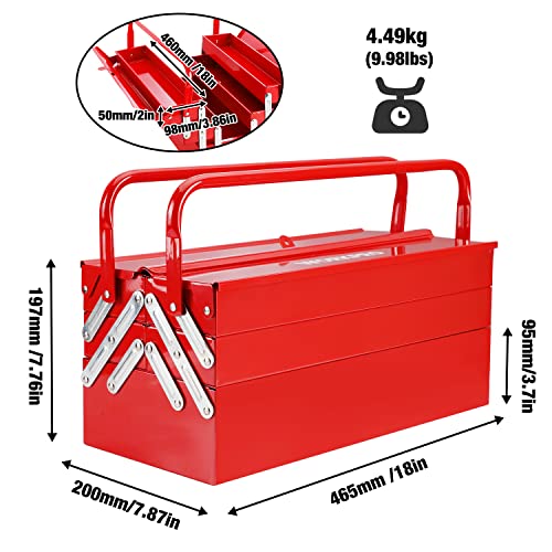 WORKPRO Metal Tool Box, 18-inch Cantilever Folding Red Storage Box, 3-Layer 5-Tray Multi-Function Tool Organizer, Red