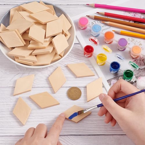 OLYCRAFT 50PCS Wood Pieces Unfinished Wood Rhombus Pieces Natural Wood Rhombus Cutout Shape Wood Rhombus Blank Slices for DIY Crafts Holiday OLYCRAFT