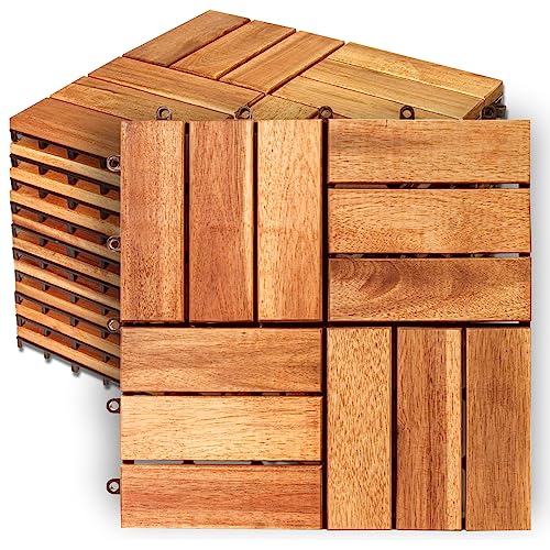 Solid Wood Interlocking Flooring Tiles (Pack of 10, 12" x 12"), Acacia Deck Tiles, Floor Tiles for Both Indoor and Outdoor Use, Waterproof All