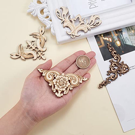 LiQunSweet 20 Pcs 4 Styles Vintage Flower Hollow Carved Unfinished Wood Pieces Book Corner Protector for DIY Craft Applique Furniture Door Decor LiQunSweet