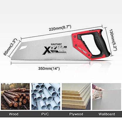 HAUTMEC 14 in. X-Sharp Hand Saw, 12 TPI Woodworking Handsaw, Soft-Grip Sharp SharpTooth for Cutting and Sawing Trees, Plastic Pipes, Drywall - WoodArtSupply