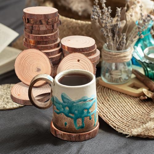 KALLORY 25pcs Natural Wood Slices 2-3 inch Thick Unfinished Wood kit Predrilled with Hole Rope Wooden Circles for Arts Wood Slices Christmas KALLORY