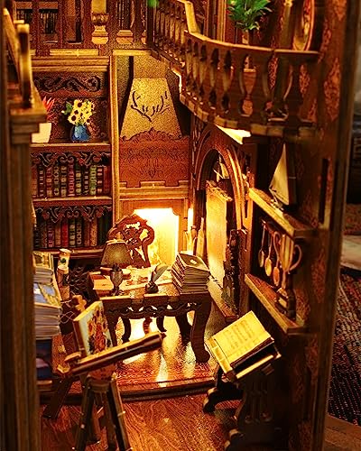 DIY Book Nook Kit, Bookshelf Insert Decor Alley 3D Wooden Puzzles with LED Lights & Motion Sensor, Miniature Dollhouse Kits Bookends Craft Kits for OMEPEA