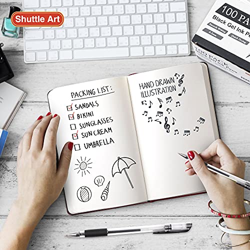 Shuttle Art Black Gel Pens, 100 Pack Fine Point Black Ink Pens Bulk, 0.5mm Rollerball Gel Ink Pens Smooth Writing with Comfortable Grip for Office, Shuttle Art