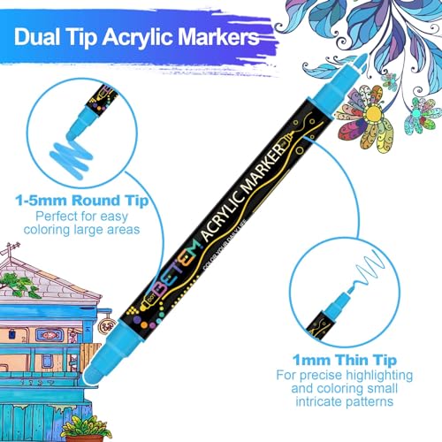 Betem 36 Colors Dual Tip Acrylic Paint Pens Markers, Premium Acrylic Paint Pens for Wood, Canvas, Stone, Rock Painting, Glass, Ceramic Surfaces, DIY Betem