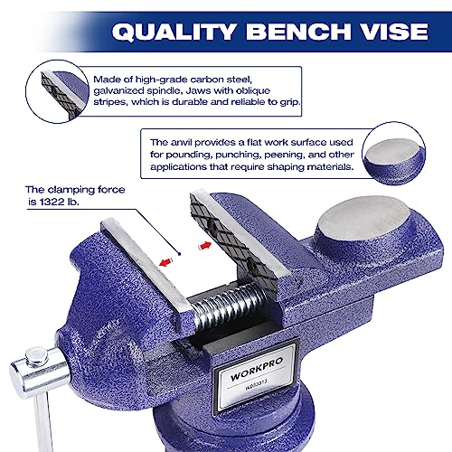 WORKPRO Bench Vise, 2.5 Inch Jaw Width Universal Table Vise, 360°Swivel Base Home Vice Bench Clamp with Magnetic Jaw Pads, Portable Clamp-on Vise WORKPRO