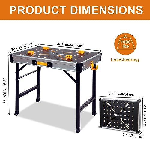 WORKESS Portable Workbench 1000Lbs Capacity Heavy Duty Folding Work Table with 2 Quick Clamps, 4 Bench Dogs, 3 Tool Boxes for Garage Easy Storage WORKESS