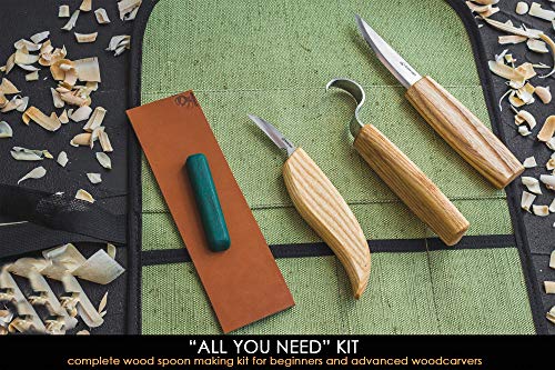 BeaverCraft S13 Wood Carving Tools Set for Spoon Carving 3 Knives in Tools Roll Leather Strop and Polishing Compound Hook Sloyd Detail Knife - WoodArtSupply