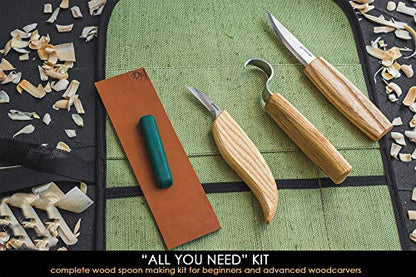 BeaverCraft S13 Wood Carving Tools Set for Spoon Carving 3 Knives in Tools Roll Leather Strop and Polishing Compound Hook Sloyd Detail Knife