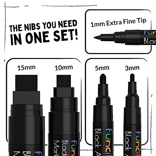 Funcils 5 Acrylic Black Paint Pen - Fine Tip, Thin Point & Jumbo Pens (1mm, 3mm, 6mm, 10mm, 15mm) - Black Paint Marker for Plastic, Canvas, Wood, Funcils