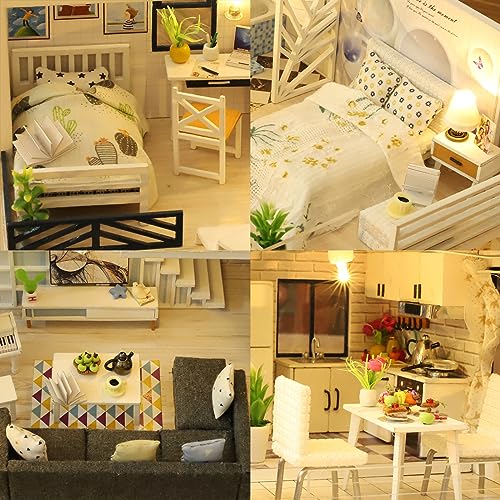 DIY Miniature Dollhouse Kit, Tiny House Model Kit with Music Box & LED Light & Dust Proof Cover, 1:24 Scale, 3D Wooden Puzzle for Adults, Handmade Hallisun