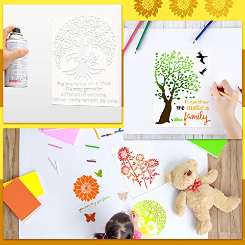 6 Pieces Sunflower Stencil Kit, Reusable Family Tree Stencil Flower Butterfly Painting Templates You are My Sunshine Stencil with Metal Open Ring for Zonon