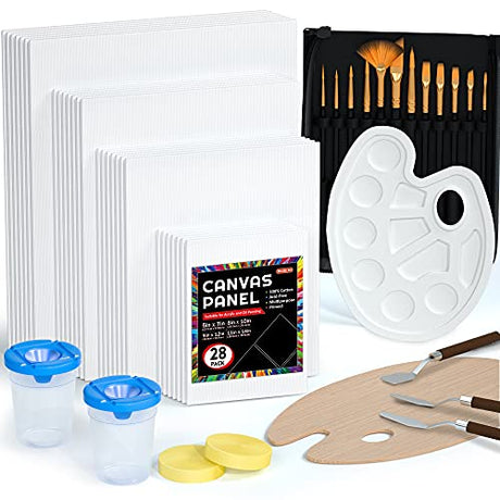 50 Pack Canvas Painting Kit, Shuttle Art Painting Supplies with 28 Multi Sizes Canvas Boards for Painting and 22 Tools including Paint Brushes, Shuttle Art