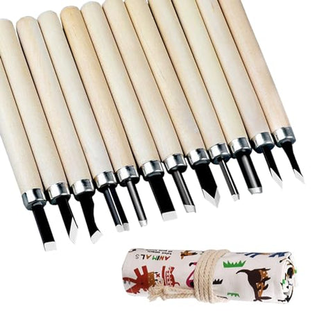 Wonglea Wood Carving Tools Set 12 Pcs,Wood Carving kit Set with Canvas Roll Bag, Wood Whittling Kit for Beginners Kids & Adults,Wood Carving Knife Wonglea
