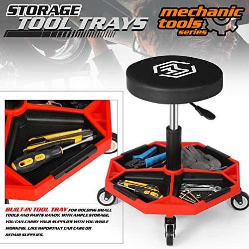 M-AUTO Pneumatic Mobile Rolling Garage Stool with Equipment Tray and All-Terrain Casters 300LBS Capacity Creeper, 16.5" to 22" Adjustable Height M-AUTO
