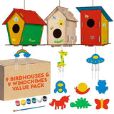 9 Wooden Birdhouses & 9 Wind Chimes -Art & Crafts for Kids Ages 4 5 6 7 8 - Kids Bulk Arts and Crafts Set with Painting Kit -DIY Wood Bird House and CRAFTY HAPPITOYS