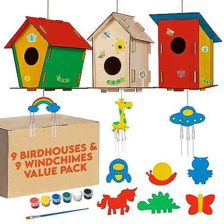 9 Wooden Birdhouses & 9 Wind Chimes -Art & Crafts for Kids Ages 4 5 6 7 8 - Kids Bulk Arts and Crafts Set with Painting Kit -DIY Wood Bird House and CRAFTY HAPPITOYS