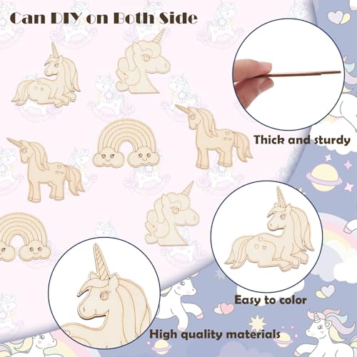 LiQunSweet 40 Pcs 4 Styles Rainbow Unicorn Unfinished Wood Slice Cutouts Blank Wooden Ornaments for Crafts LiQunSweet