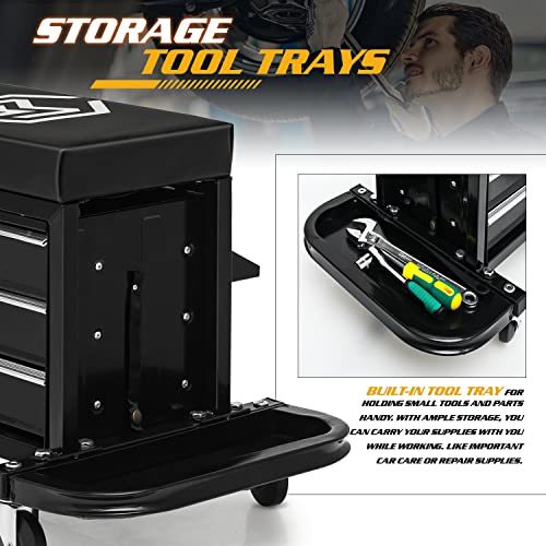 Magshion Rolling Stool with 3-Drawer Toolbox Padded Mechanic Stool Creeper Seat with Foldable Tool Tray 350 lbs Capacity Garage Workshop Stool Magshion