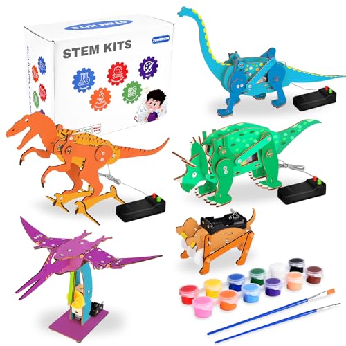 JONRRYIN 5 in 1 STEM Kits for Kids Ages 8-12, 3D Wooden Puzzle Dinosaur Model kit, STEM Project DIY Assembly Dinosaur Building Toys Birthday for Boys