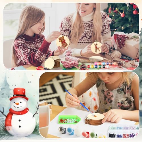 Zhanmai 40 Pcs Christmas DIY Craft for Kid Unfinished Wooden Christmas Ornaments Wood Slices with Gem Diamond Painting Sets 5d Round Wooden Xmas - WoodArtSupply