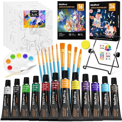 Nicpro 34PCS Kids Acrylic Paint Set with Pattern Canvas, Art Painting Supplies Kit with 12 Paints, 10 Brushes, 6 Canvas Panels, Table Easel, Paper
