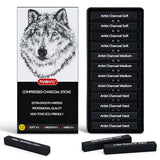PANDAFLY Compressed Charcoal Sticks, 12 Pieces (Soft, Medium, Hard) Square Vine Charcoal Sticks for Drawing, Sketching, Shading, Charcoal Drawing Set PANDAFLY