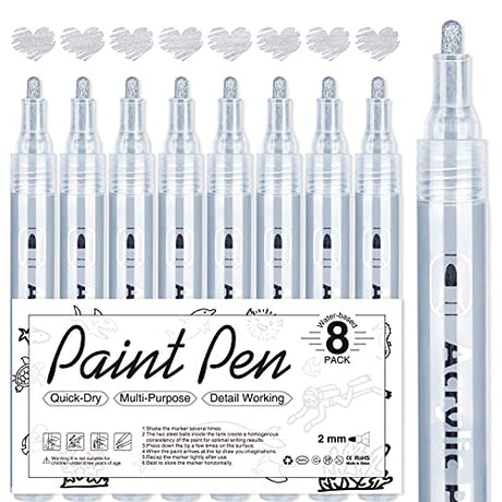 Silver Paint Pen Acrylic Markers: 8 Pack Acrylic Silver metallic Marker Pens for Art Project, Drawing, Rock Painting, Stone, Ceramic, Wood, Cards AKARUED