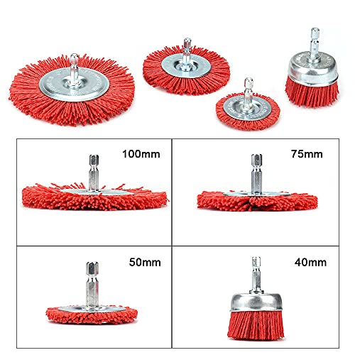 KUOFU 4 Pack Nylon Filament Abrasive Wire Brush Polishing Wheel with 1/4" Hex Shank Surface Cleaning Rust Removal Red 120#