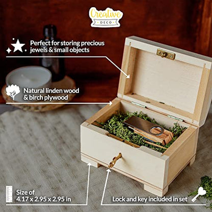 Creative Deco Small Wooden Jewelry Box | Lockable Storage Box with Lock & Key | 4.17 x 2.95 x 2.95 in | Plain, Unpainted & Unfinished | Keepsake