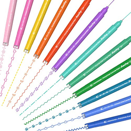 AECHY 12PCS Colored Curve Pens for Note Taking, Dual Tip Pens with 10 Different Curve Shapes & 12 Colors Fine Lines, Curve Highlighter Pen Set for AECHY