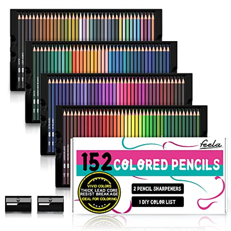 feela 152 Colored Pencils with Pencil Sharpener Premium Soft Core Colors Pencils Set for Adult Coloring Books feela
