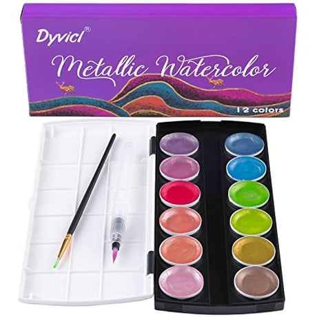 Dyvicl Glitter Metallic Watercolor Paint Set, 2nd Generation - 12 Assorted Colors, Portable Box with Water Brush, Sparkle Metallic Accents for Black Dyvicl