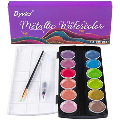 Dyvicl Glitter Metallic Watercolor Paint Set, 2nd Generation - 12 Assorted Colors, Portable Box with Water Brush, Sparkle Metallic Accents for Black