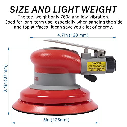 Pneumatic random orbital sander 5-inch light weight palm sander 3/16" (5 mm) diameter orbit 12000 RPM with extra 10pcs sandpaper - WoodArtSupply