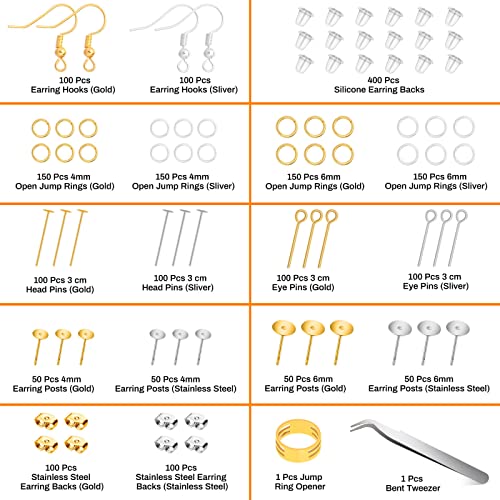 Hypoallergenic Earring Making Kit, Modacraft 2000Pcs Earring Making Supplies Kit with Earring Hooks, Earring Findings, Earring Posts, Earring Backs, Modacraft