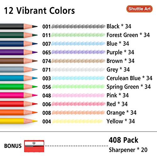Shuttle Art Colored Pencils Bulk, 408 Pack Coloring Pencil Set Plus 20 Sharpeners, 12 Assorted Colors, Classroom Pack School Supplies