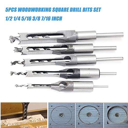 5Pcs Woodworking Square Drill Bits Set, HSS Wood Mortising Chisel Countersink Bits Woodworker Hole Saw Power Tool Kits 1/2 1/4 5/16 3/8 7/16 Inch