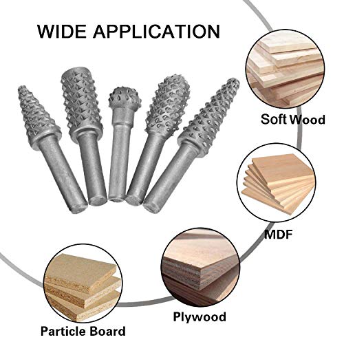 Rotary Burr Rasp Set - 5Pcs Wood Carving File Drill Bits, 1/4 Inch Round Shank Chisel Shaped Embossed Grinding Head DIY Woodworking Power Tools for JONMON