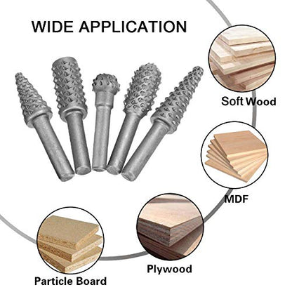 Rotary Burr Rasp Set - 5Pcs Wood Carving File Drill Bits, 1/4 Inch Round Shank Chisel Shaped Embossed Grinding Head DIY Woodworking Power Tools for