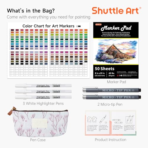 Shuttle Art 240 Colors Alcohol Markers, 239 Colors Dual Tip Art Marker Set Plus Colorless Blender, Micro-tip Pens, White Highlighter Pens, Marker Bag Shuttle Art