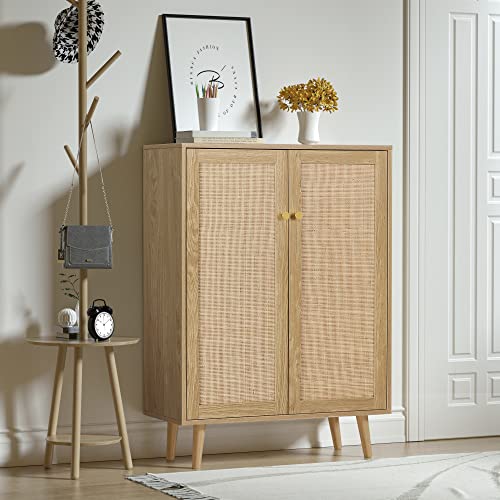 Anmytek Rattan Cabinet, 44" H Tall Sideboard Storage Cabinet with Crafted Rattan Front, Entryway Shoe Cabinet Wood 2 Door Accent Cabinet with