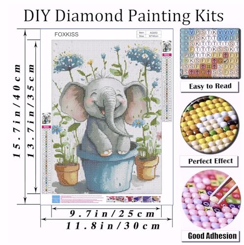 FOXKISS Baby Elephant Diamond Art Painting Kits for Adults, Full Drill Diamond Dots Paintings for Beginners, Round 5D Paint with Diamonds Pictures FOXKISS