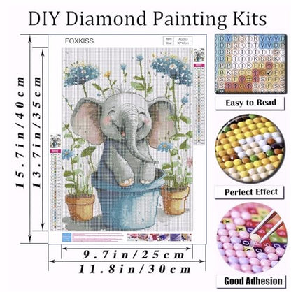FOXKISS Baby Elephant Diamond Art Painting Kits for Adults, Full Drill Diamond Dots Paintings for Beginners, Round 5D Paint with Diamonds Pictures