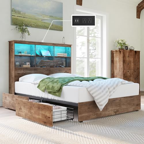 AMERLIFE Rustic Brown Queen Size Wooden Platform Bed with LED Bookcase Headboard, Storage Drawers & Charging Station - WoodArtSupply