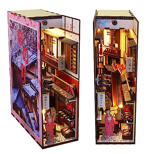 Hallisun DIY Book Nook Kit 3D Wooden Puzzle for Adults, Bookshelf Insert Decor Sakura Town with LED Light Music Box, Bookend Building Set Miniature - WoodArtSupply