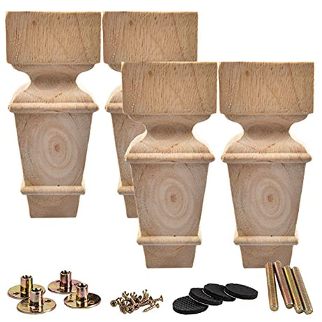 La Vane 8 inch / 20cm Wooden Furniture Legs, Set of 4 Carved Geometry Solid Wood Unfinished Replacement Bun Feet with Mounting Plate & Screws for La Vane