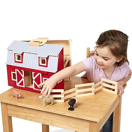 Melissa & Doug Fold and Go Wooden Barn With 7 Animal Play Figures - Farm Animals Portable Toys For Kids And Toddlers Ages 3+ - WoodArtSupply