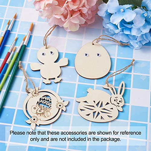 Craftdady 48pcs Easter Wooden Ornaments Wood Pieces Unfinished Egg Chick Hen Bunny Flower Wood Cutouts with Hemp Ropes, Wiggle Googly Eyes for DIY