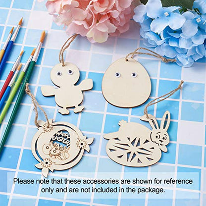 Pandahall 48pcs Unfinished Wood Easter Ornaments Egg Bunny Duck Tulip Chicks Wooden Blank Cutout Slices with 70pcs Hemp Cord 48pcs Wiggle Googly Eyes - WoodArtSupply